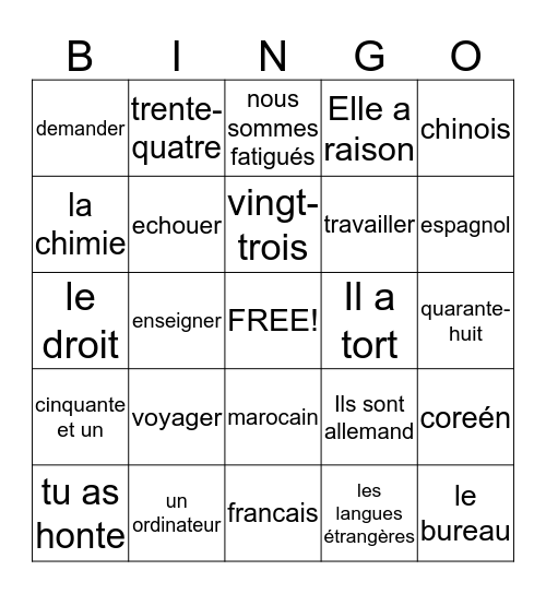Francais I - Examen Final Bingo Card