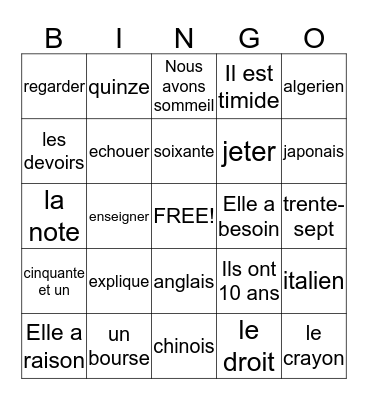Francais I - Examen Final Bingo Card