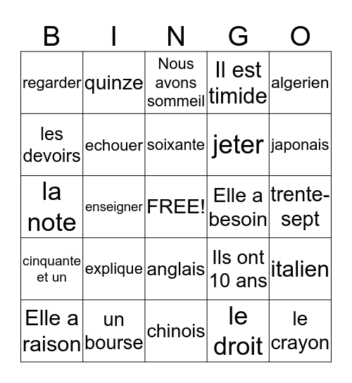 Francais I - Examen Final Bingo Card