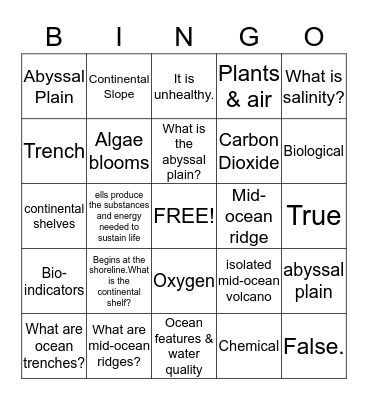 Ocean Features & Water Indicators Review Bingo Card