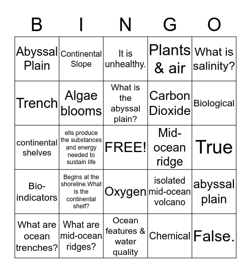 Ocean Features & Water Indicators Review Bingo Card