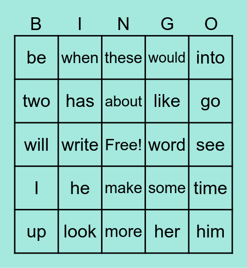 Sight Word Bingo Card