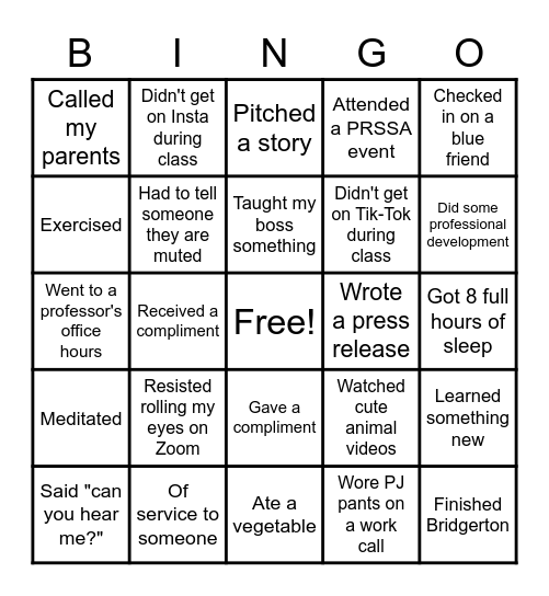 Spring 2021 Intern Bingo Card