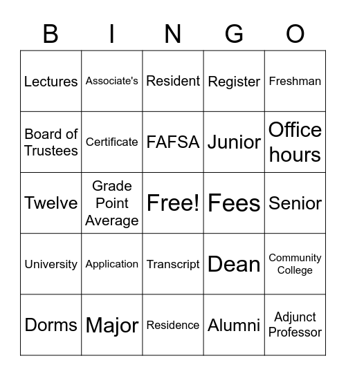 College Knowledge Bingo Card
