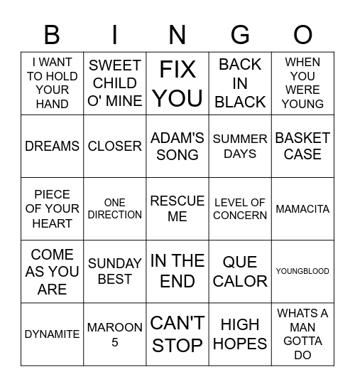 2020 SPOTIFY TOP GROUPS Bingo Card