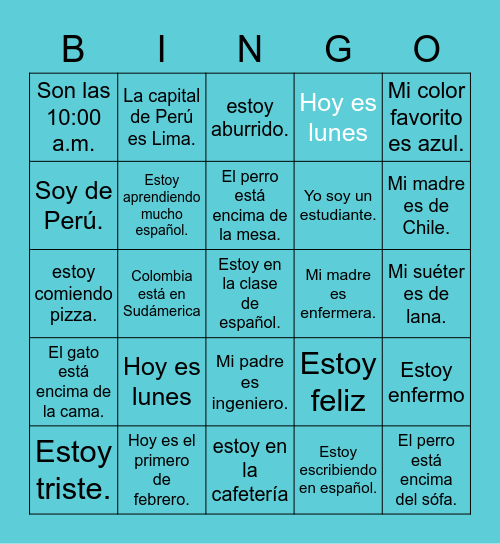 Ser vs Estar Bingo Card