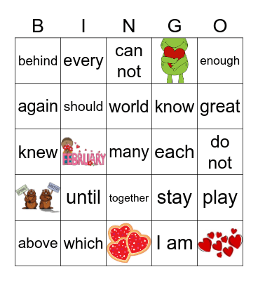 Gr. 2 HFW February Bingo Card