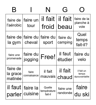 Faire expressions Bingo Card