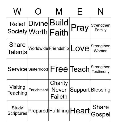 Relief Society Bingo  Bingo Card