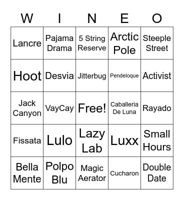Traveling Vineyard Wine-o Bingo Card