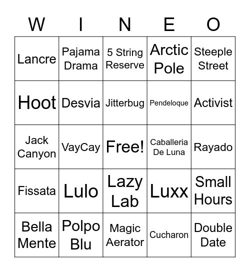 Traveling Vineyard Wine-o Bingo Card