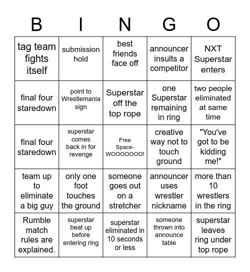 Royal Rumble 2021 Bingo Card