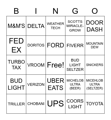 Super Bowl Commercial 2021 Bingo Card