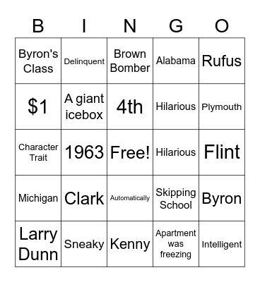 Watsons Bingo Chapter 1-2 Bingo Card