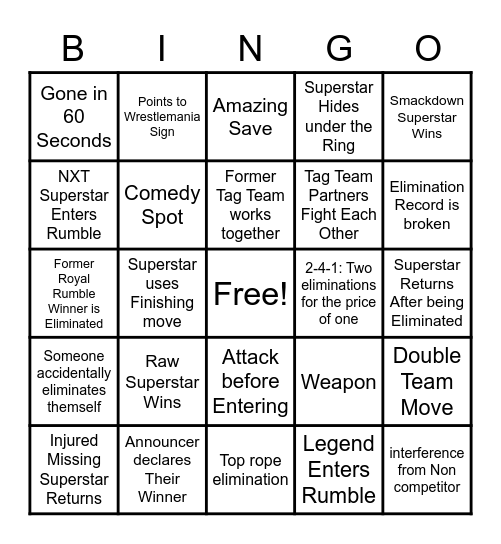 Women's Royal Rumble 2021 Bingo Card