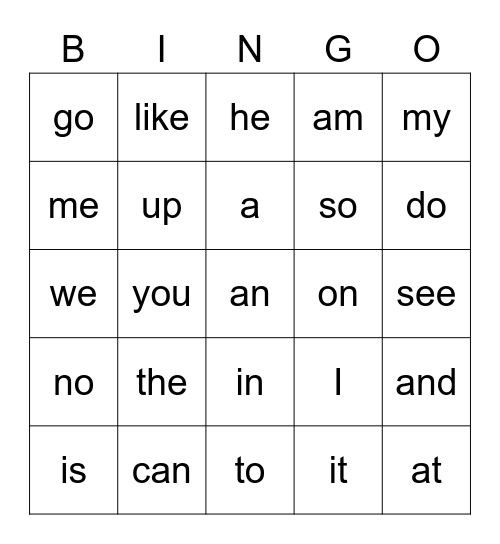 Sight Word Bingo Card