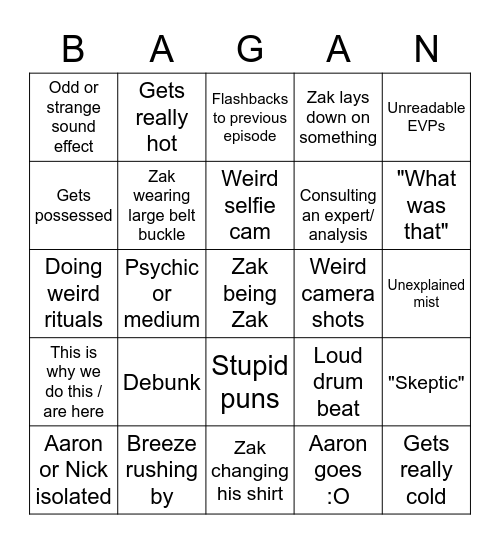 Ghost Adventures Bingo Card