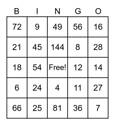 Multiplication Bingo Card