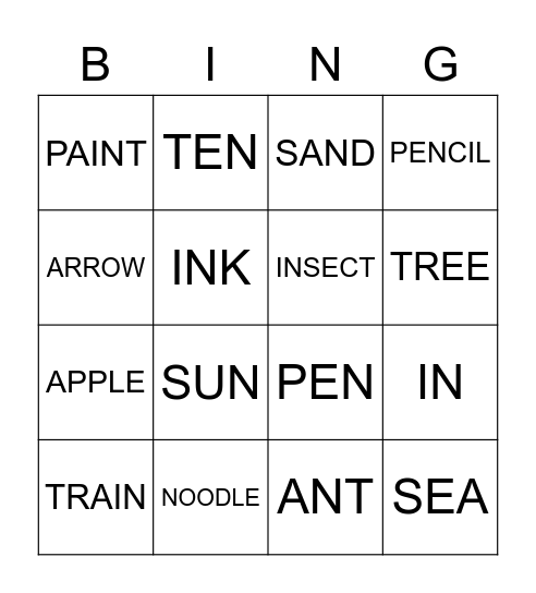 letter land Bingo Card