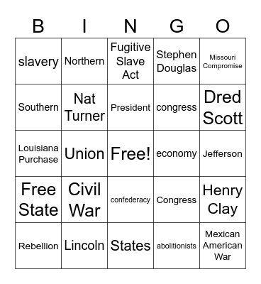 Civil War Introduction Bingo Card