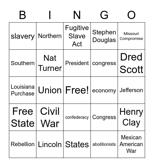 Civil War Introduction Bingo Card