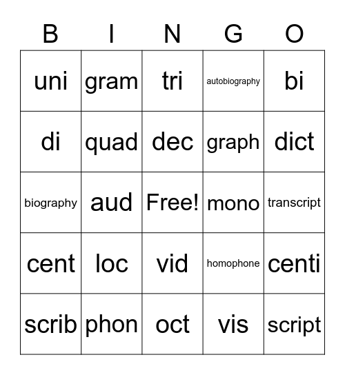 Root Words Bingo Card