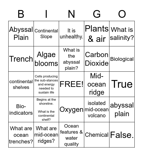 Ocean Features & Water Indicators Review Bingo Card