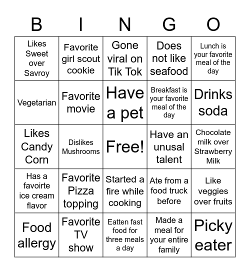 Culinary Bingo Card