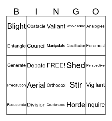 Vocabulary in Action Chapter 9 Bingo Card