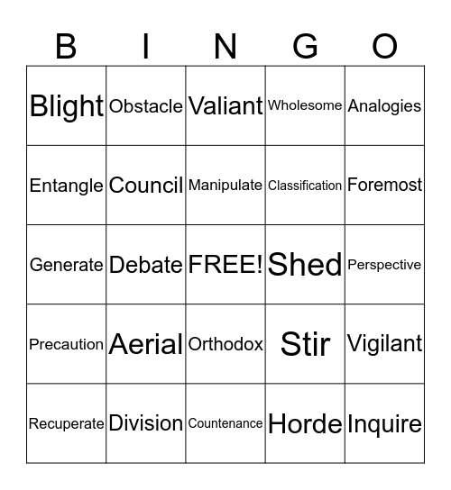 Vocabulary in Action Chapter 9 Bingo Card