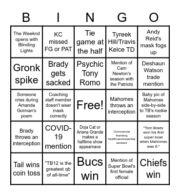 Super Bowl LV Bingo Card