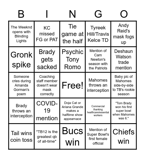 Super Bowl LV Bingo Card