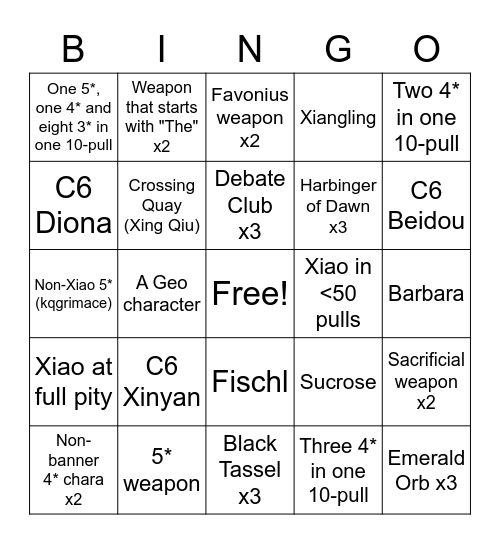 Xiao Banner Bingo Card