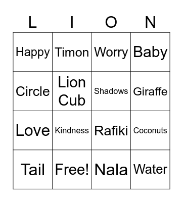 Lion King Bingo Card