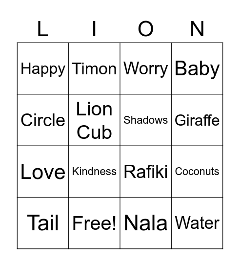 Lion King Bingo Card