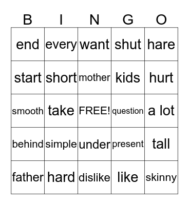 Synonyms Bingo Card