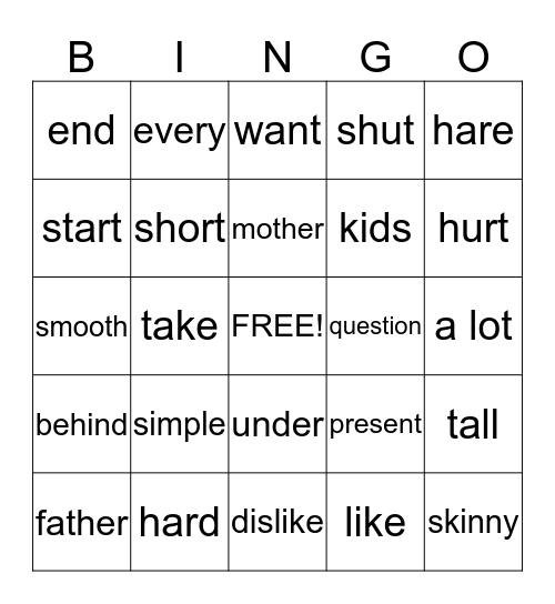 Synonyms Bingo Card