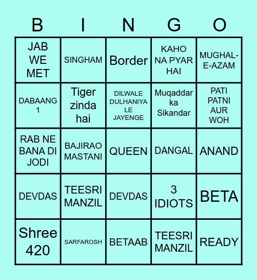 musical BOLLYWOOD Bingo Card