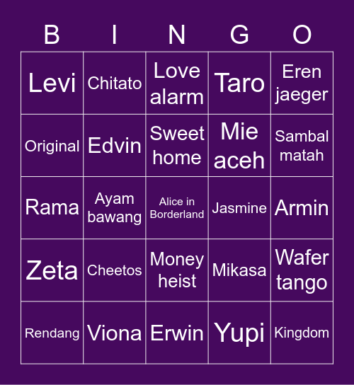 Aria's Bingo Card