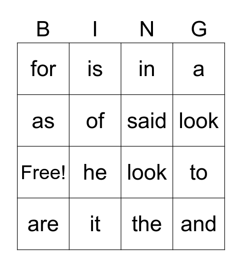 Sight Word BINGO Card