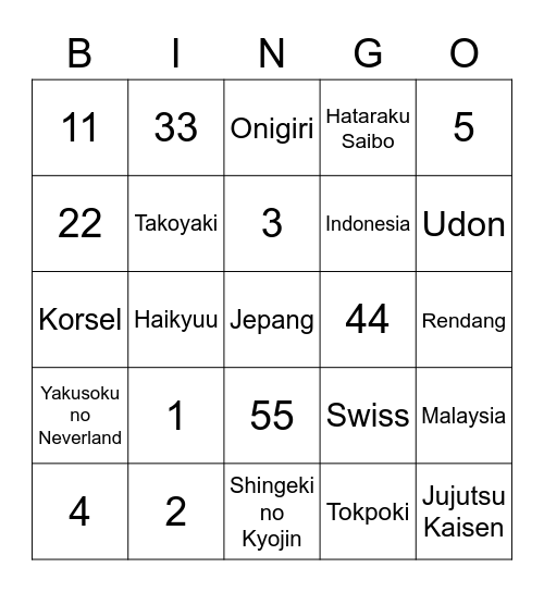 Takumi Bingo Card