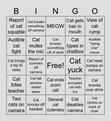 Cat Zoom Call Bingo Card