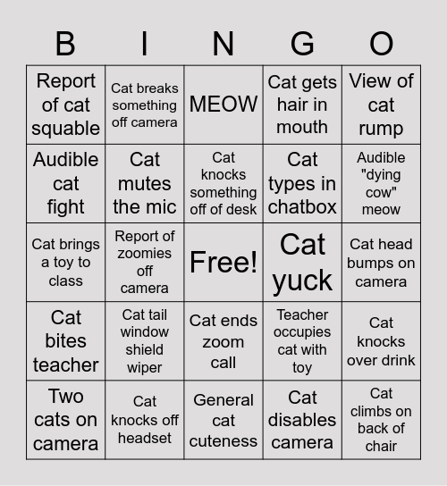 Cat Zoom Call Bingo Card