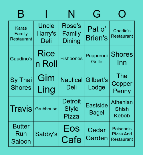 Shores Bingo: Restaurant Edition 2/1/21 Bingo Card