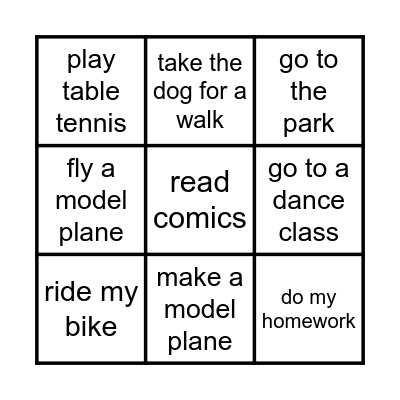 Activities Bingo Card