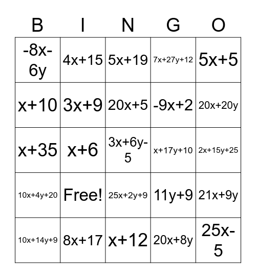 Add and Subtract Linear Expressions Bingo Card