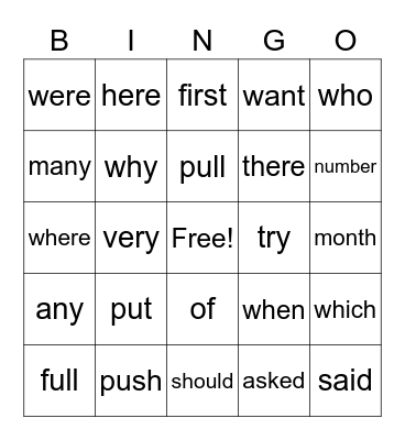 James Sight Word Bingo Card