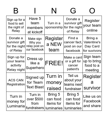 Washington/Holmes Relay for Life Kick-off Bingo Card