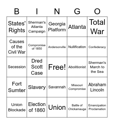 Civil War Review Bingo Card