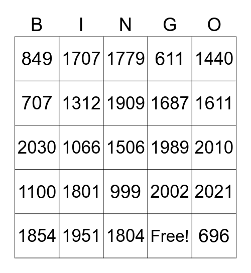 Years Bingo Card